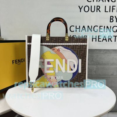 Replica Fend1 Sunshine Women Brown Gray FF Fabric Tote Bag 